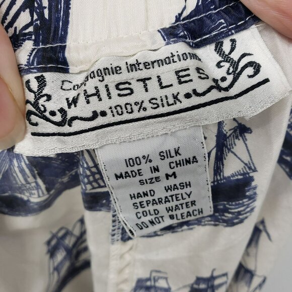 Vintage Whistles White Blue Nautical Sailboat Toile Print Silk Blouse Shorts Set - Picture 3 of 16